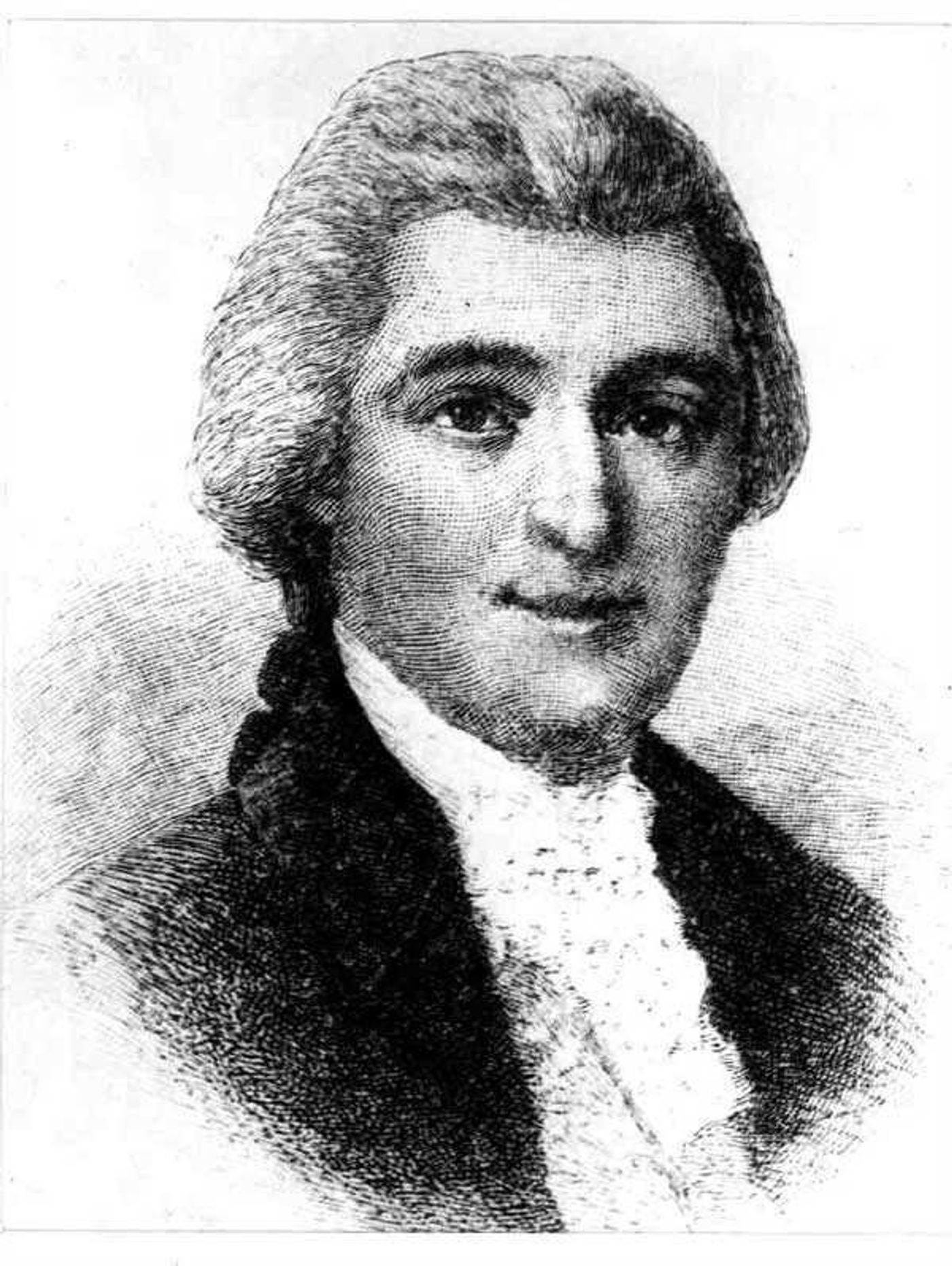 Engraved head-and-shoulders portrait of William Blount with powdered hair, a dark coat, and a white lace cravat