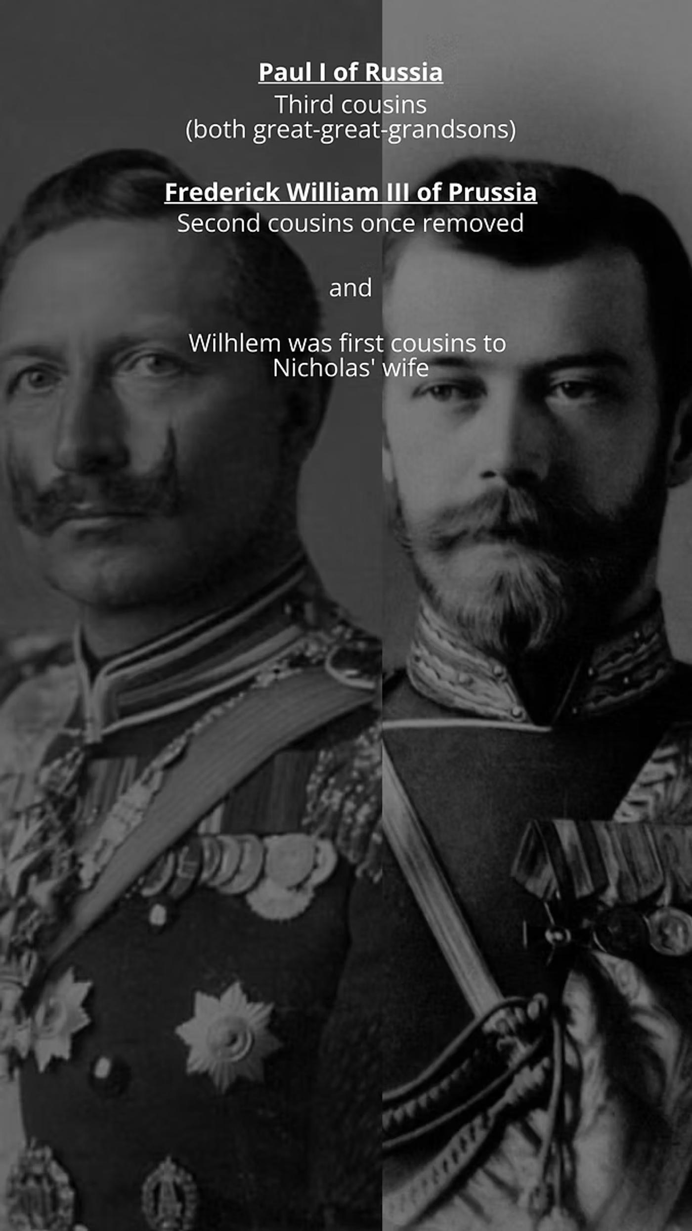 Black and white portrait of two bearded men in military uniforms with medals and decorations, labeled as Paul I of Russia and Frederick William III of Prussia.