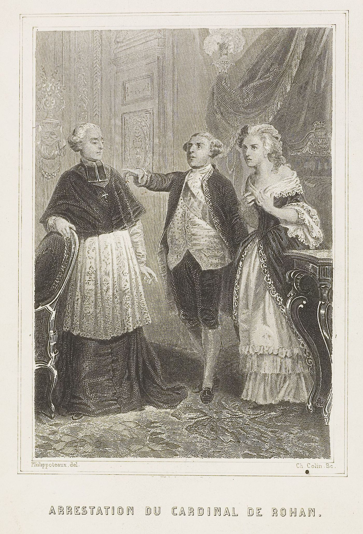 Engraving of a cardinal in robes and lace standing before a man in court dress and a woman in a wide gown in a palace room