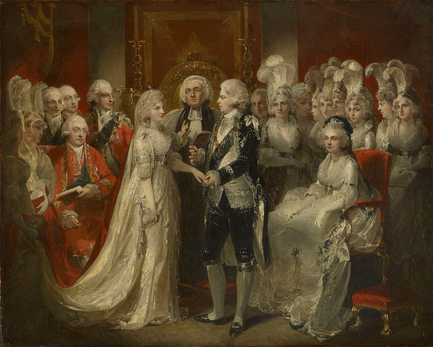 Oil painting of a royal wedding: the bride in a white gown with a long train joins hands with the groom in a dark embroidered suit before a clergyman, surrounded by courtiers and ladies in plumed headdresses