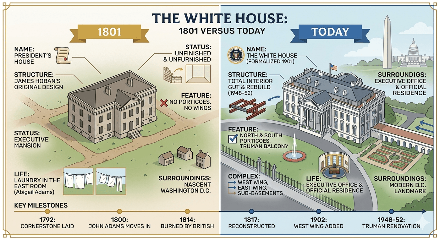 Infographic comparing the White House in 1801 versus today, showing architectural changes, key milestones, and surrounding developments from 1792 to 1952.