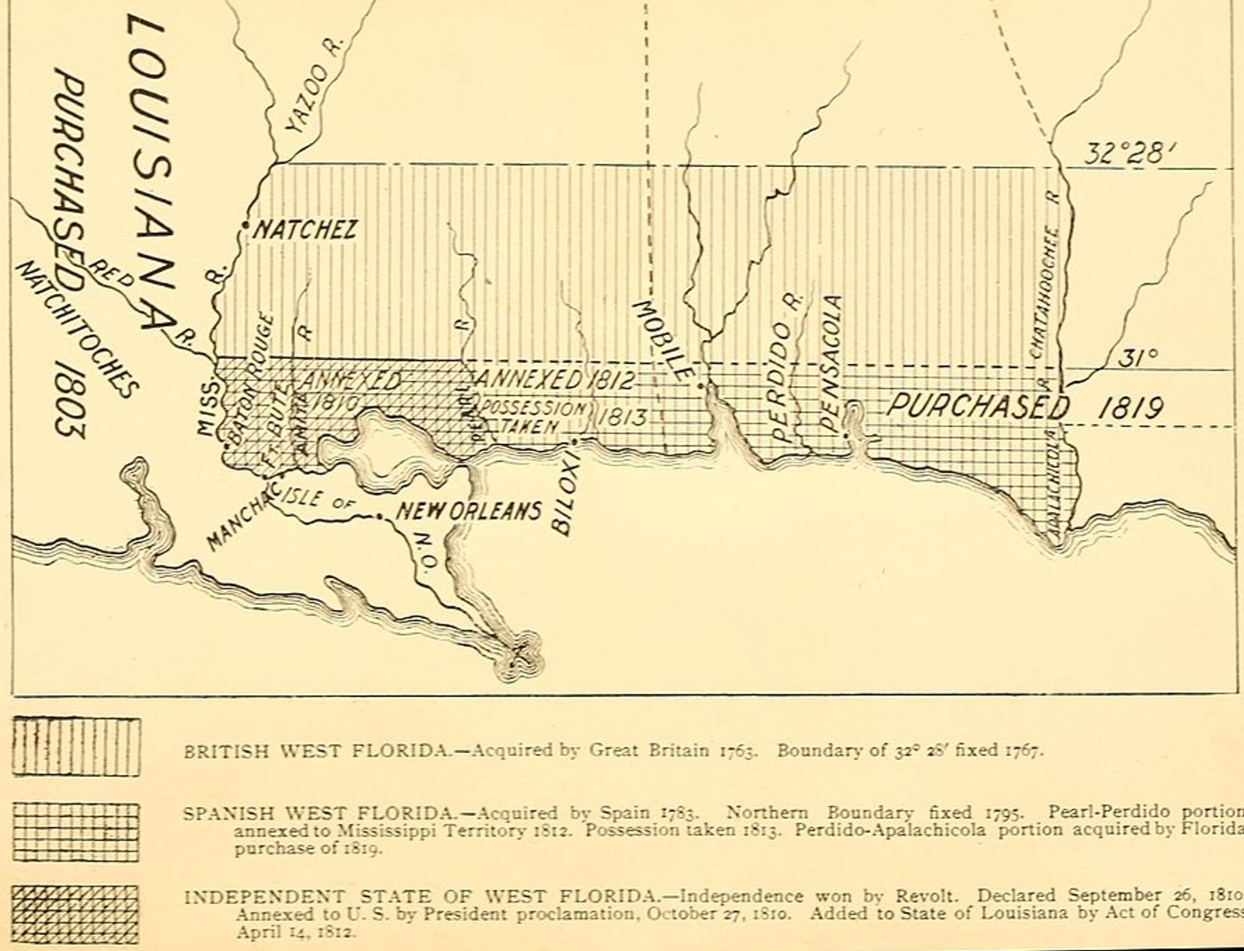 Historical map of West Florida showing British, Spanish, and independent territories with acquisition dates and boundary lines from 1763-1819.