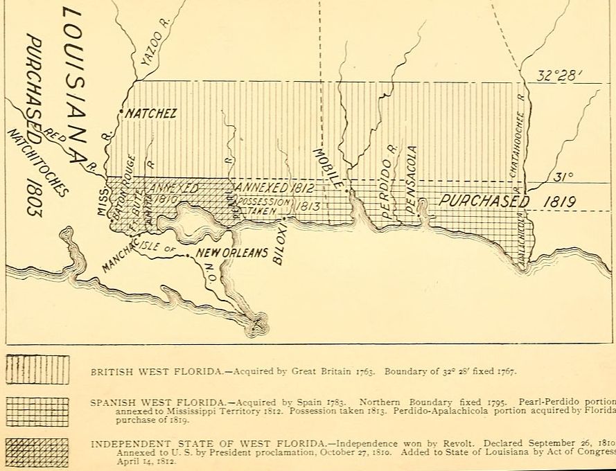 Historical map of West Florida showing British, Spanish, and independent territories with acquisition dates and boundary lines from 1763-1819.