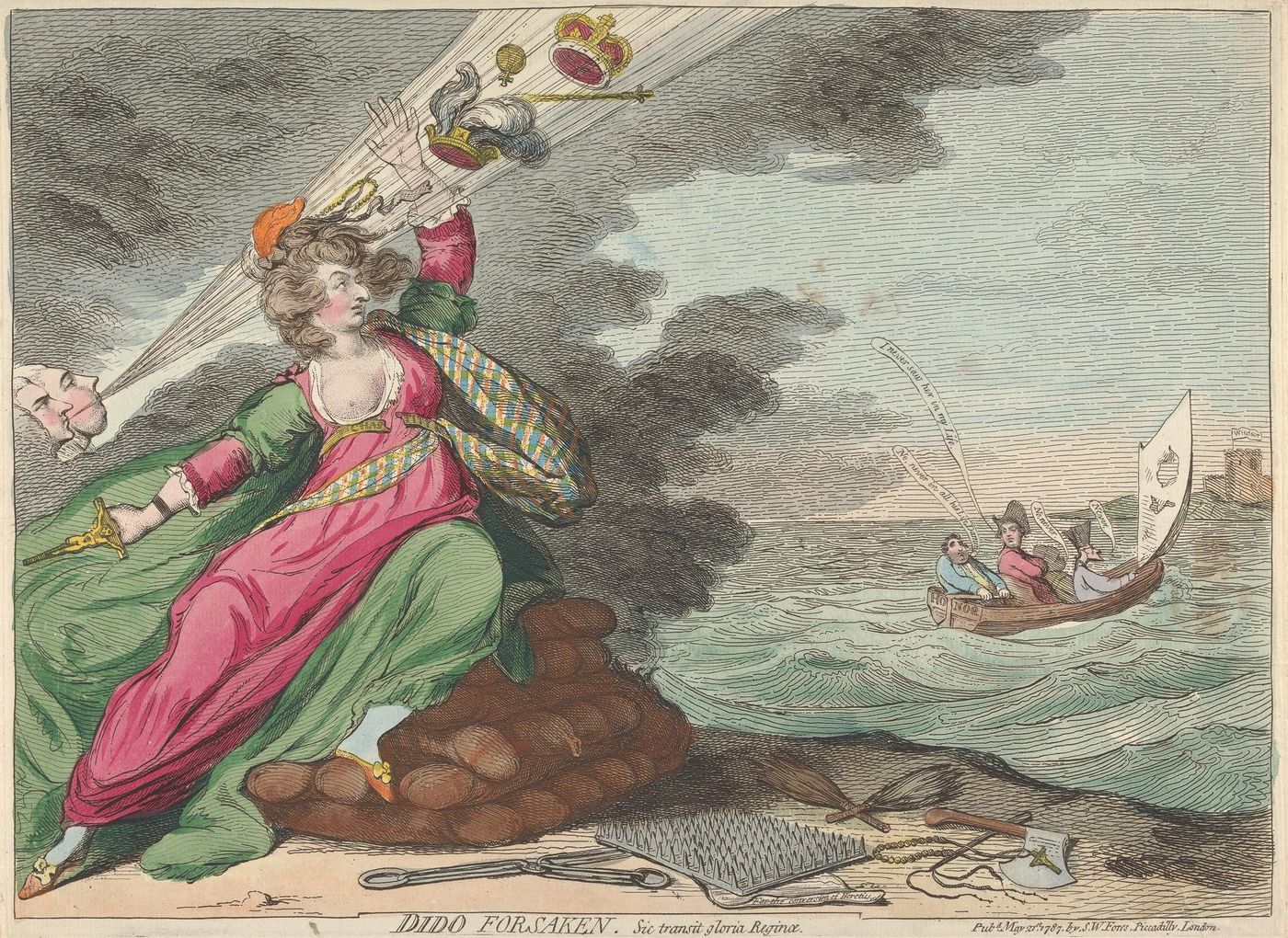 Hand-colored caricature of a woman in a pink gown and green cloak seated on a mound by the sea, a crown, sceptre and plumes blowing away above her while a small boat sails off