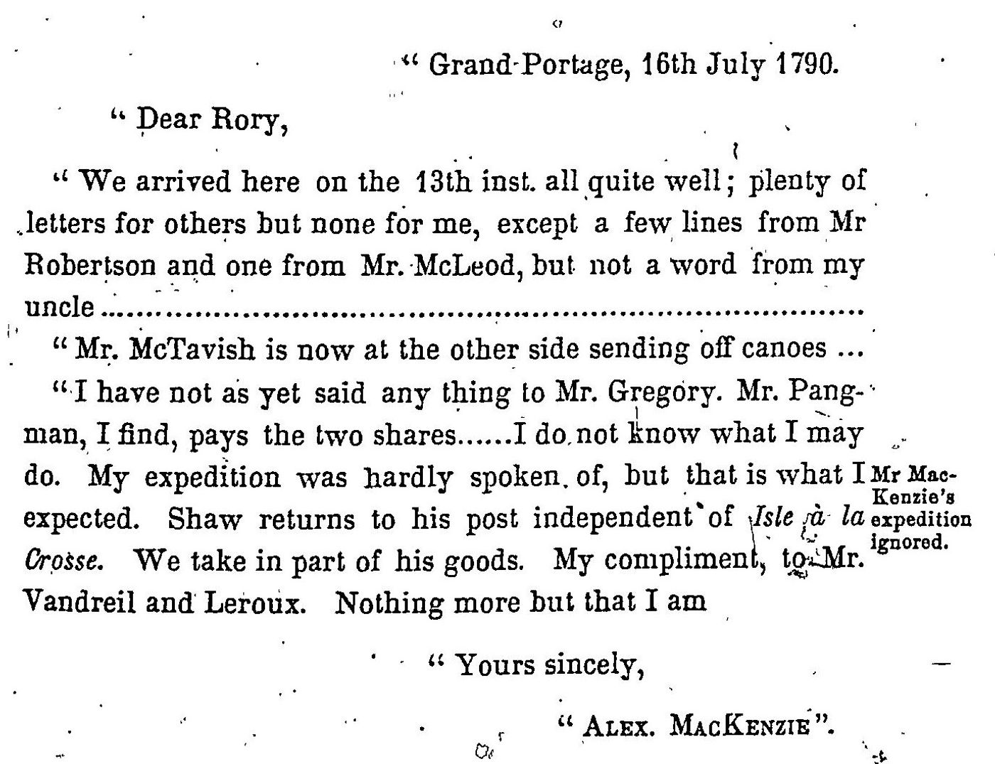 Printed page of Mackenzie's letter dated Grand Portage, 16th July 1790, including the line "My expedition was hardly spoken of, but that is what I expected"