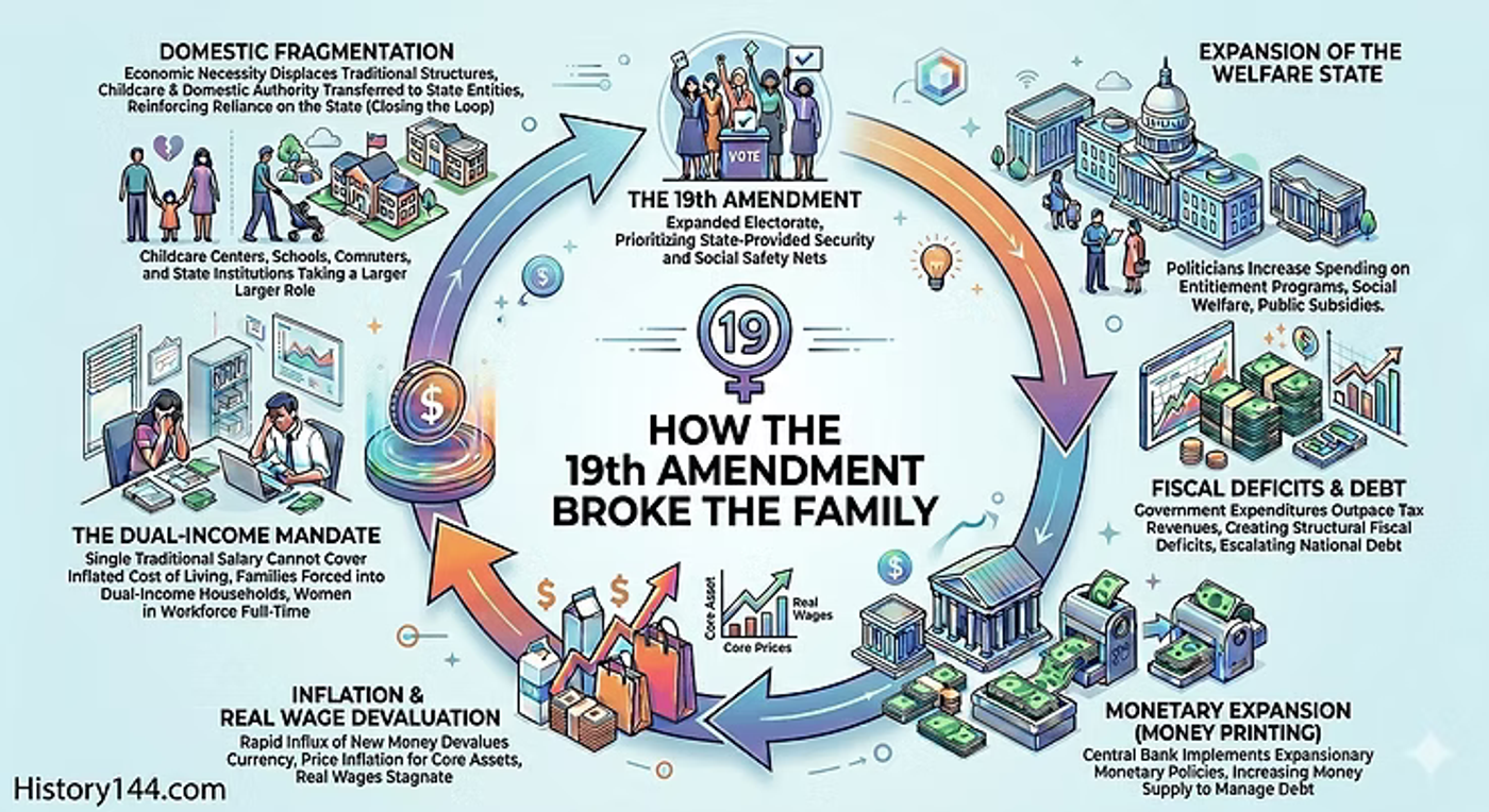 Infographic showing how the 19th Amendment led to domestic fragmentation, inflation, welfare expansion, and fiscal deficits through interconnected economic cycles.