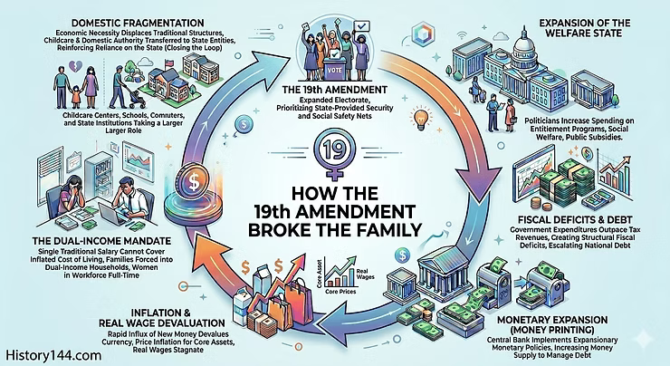 Infographic showing how the 19th Amendment led to domestic fragmentation, inflation, welfare expansion, and fiscal deficits through interconnected economic cycles.