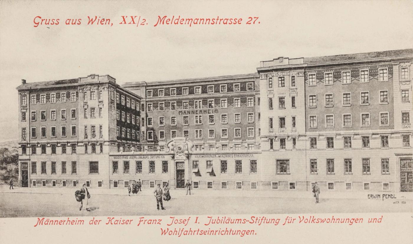 Postcard drawing of a large, plain six-storey building with long rows of windows along a street, captioned Gruss aus Wien, Meldemannstrasse 27