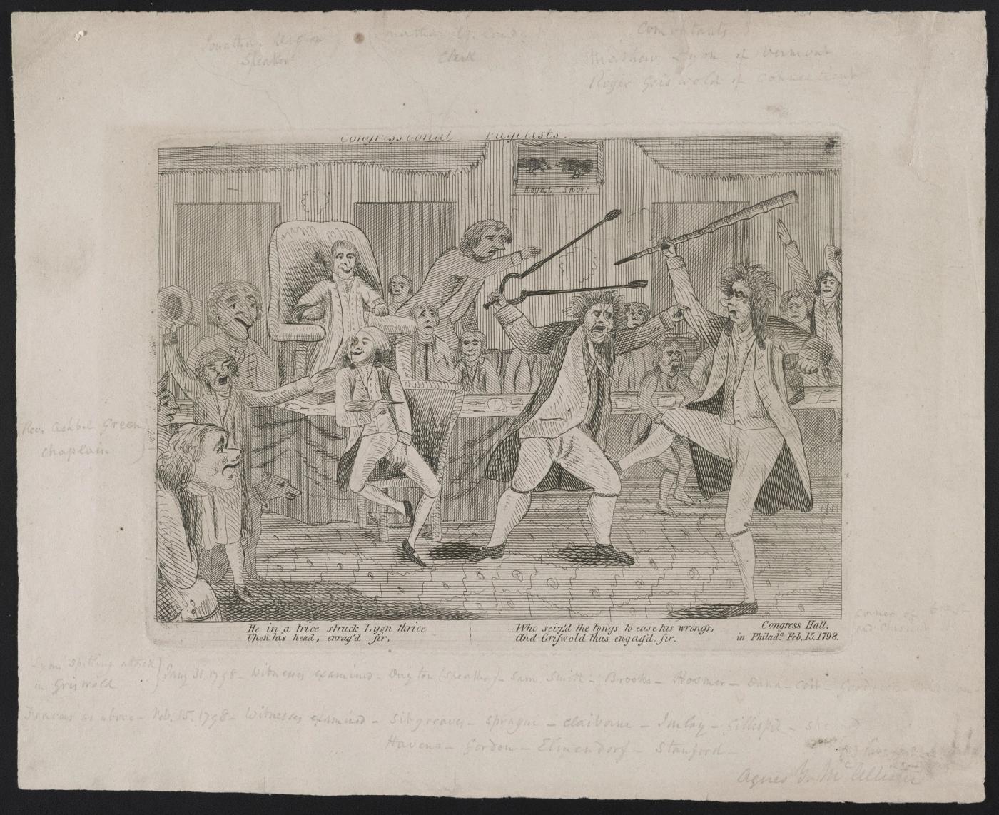 Etching of two congressmen fighting on the House floor, one with a cane and the other with fireplace tongs, as other members look on