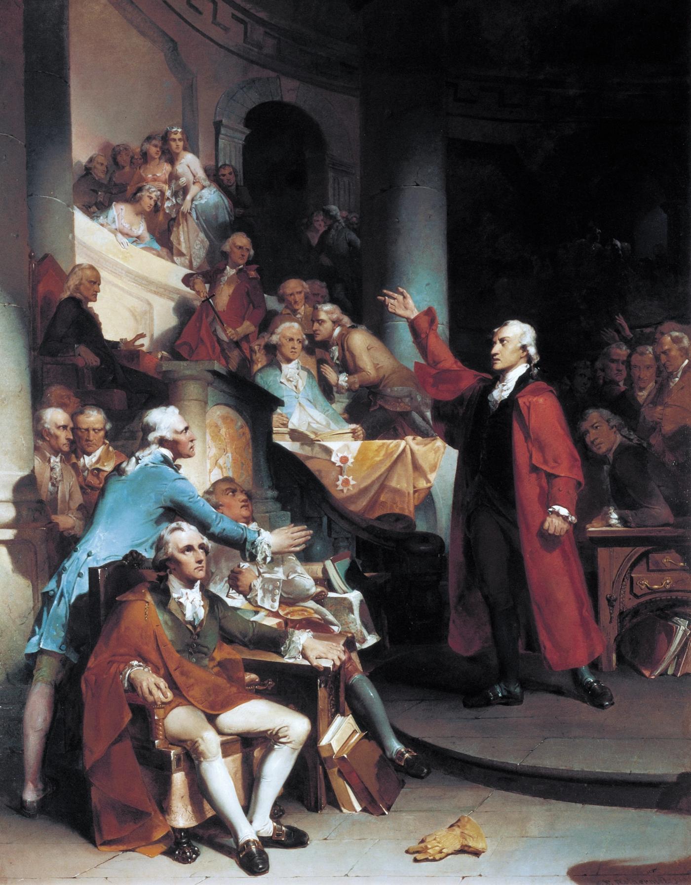 Painting of a crowded legislative chamber: a standing man in a red cloak throws out an arm in mid-speech while seated members in coloured coats lean forward, some reaching toward him, and spectators watch from a gallery behind columns