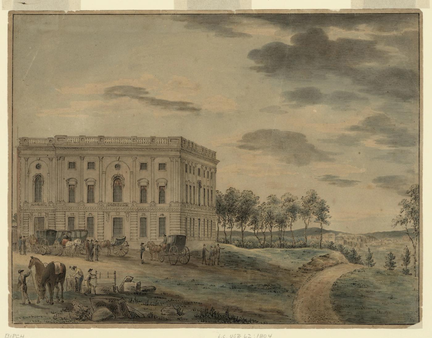 Watercolor of the unfinished United States Capitol, a single classical wing standing in open, rough ground