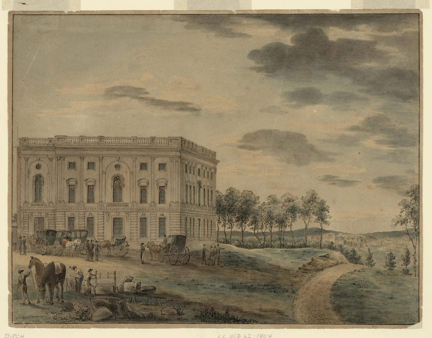 Watercolor of the unfinished United States Capitol, a single classical wing standing in open, rough ground