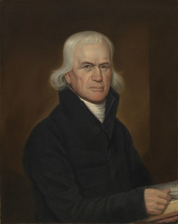 Oil portrait of Francis Asbury, an elderly man with long white hair in a black clerical coat, his hand resting on an open book