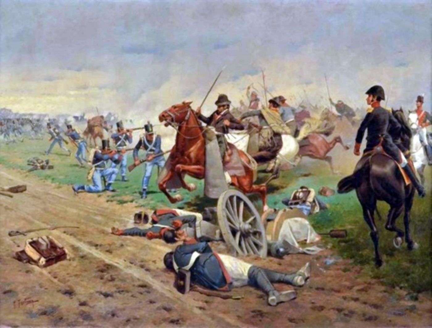 Painting of patriot horsemen charging royalist infantry beside an abandoned cannon, with fallen soldiers in the foreground