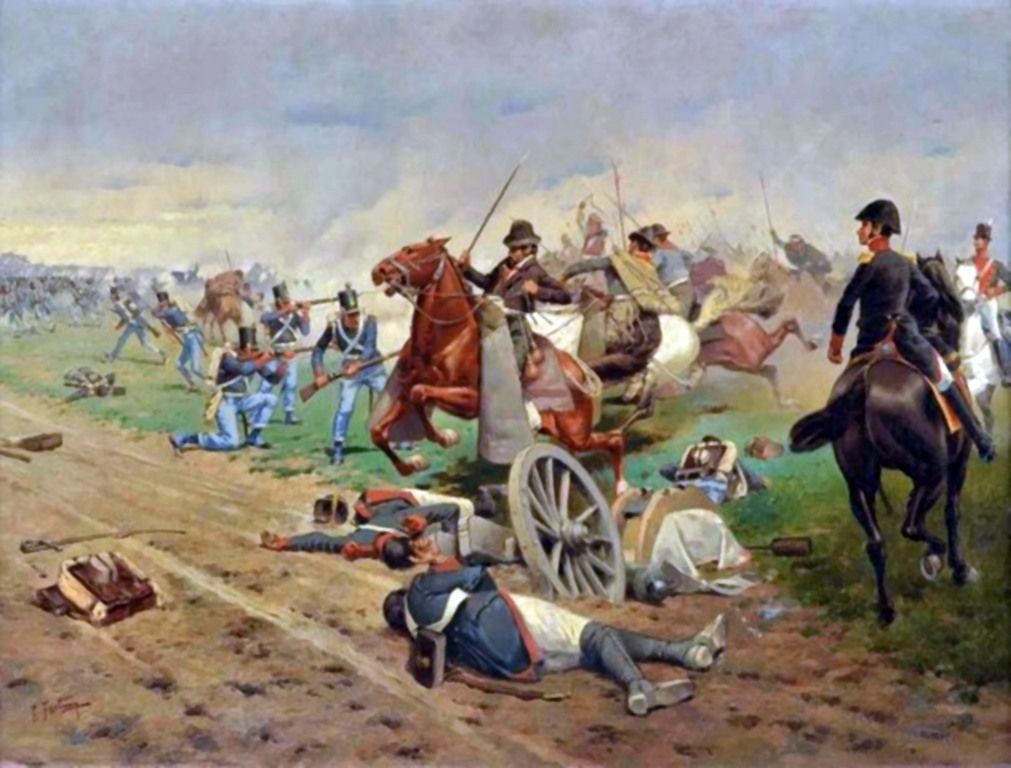 Painting of patriot horsemen charging royalist infantry beside an abandoned cannon, with fallen soldiers in the foreground