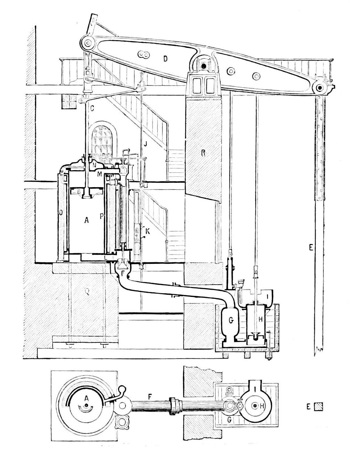 Sectional line drawing of a beam pumping engine inside its house: a massive rocking beam across the top of the building, a vertical cylinder at left, condenser and pumps below, and the pump rod descending the shaft at right