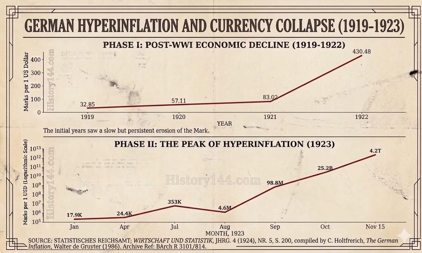 Two line graphs showing German hyperinflation 1919-1923: Phase I depicts mark depreciation 1919-1922 rising from 32.85 to 430.48 per dollar; Phase II shows 1923 peak hyperinflation reaching 4.2 trillion marks per dollar.