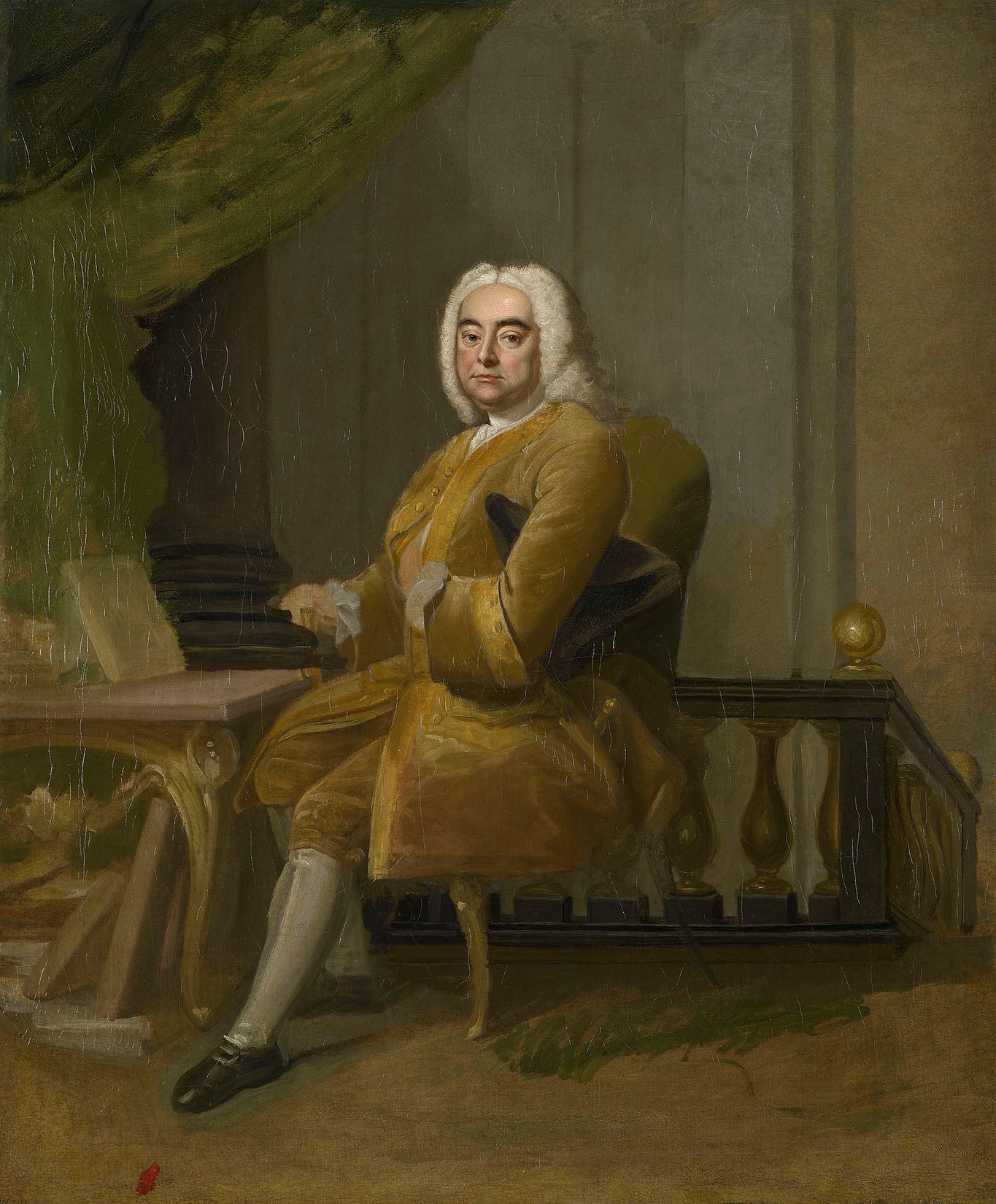 Oil portrait of Handel seated in a gold-brown coat and white wig, one arm resting on a table with a sheet of music, before a dark green curtain and a stone balustrade