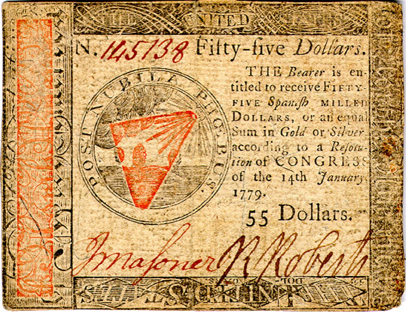 Continental Currency fifty-five-dollar bill with an ornamental border and a circular emblem