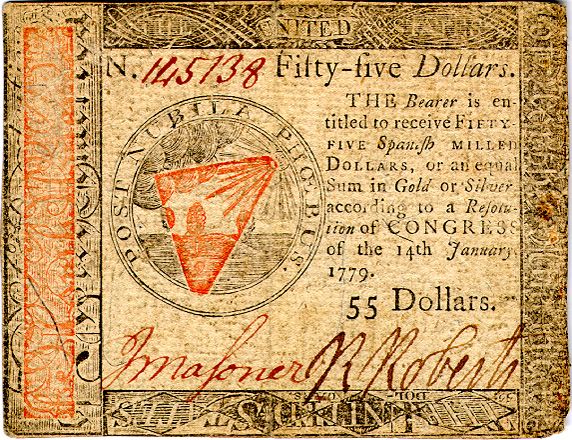Continental Currency fifty-five-dollar bill with an ornamental border and a circular emblem