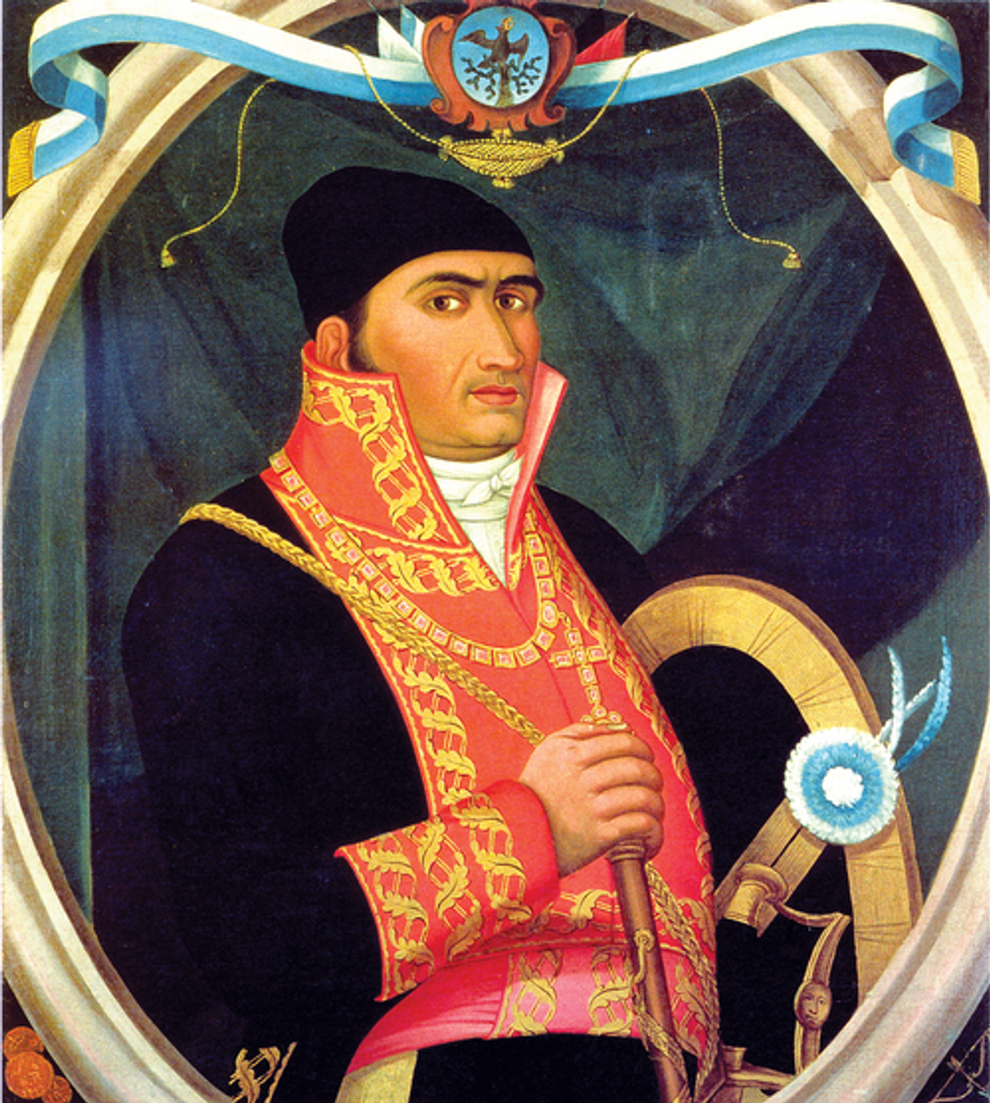 Portrait of José María Morelos in military uniform holding a staff, wearing red ornate robes and black cap against dark background.
