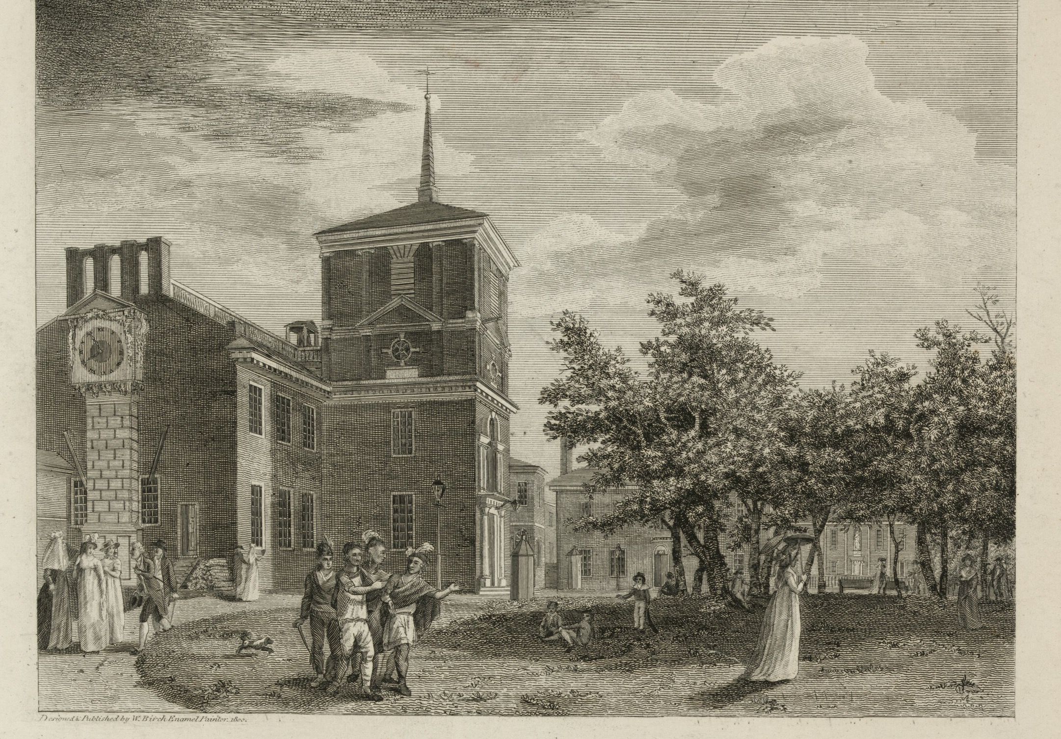 Engraved view of a brick public building with a square clock tower and a tall spire, seen from a tree-lined open square where small groups of figures in long coats and high-waisted dresses stand and talk
