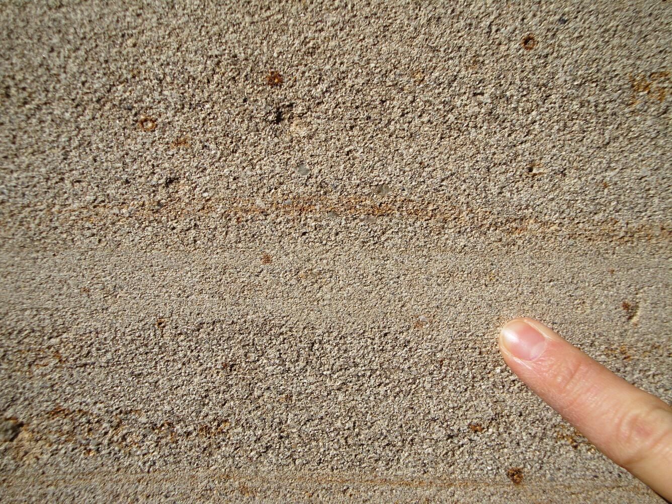 Close-up of a human finger touching sandy surface with fine granules and small brown particles.