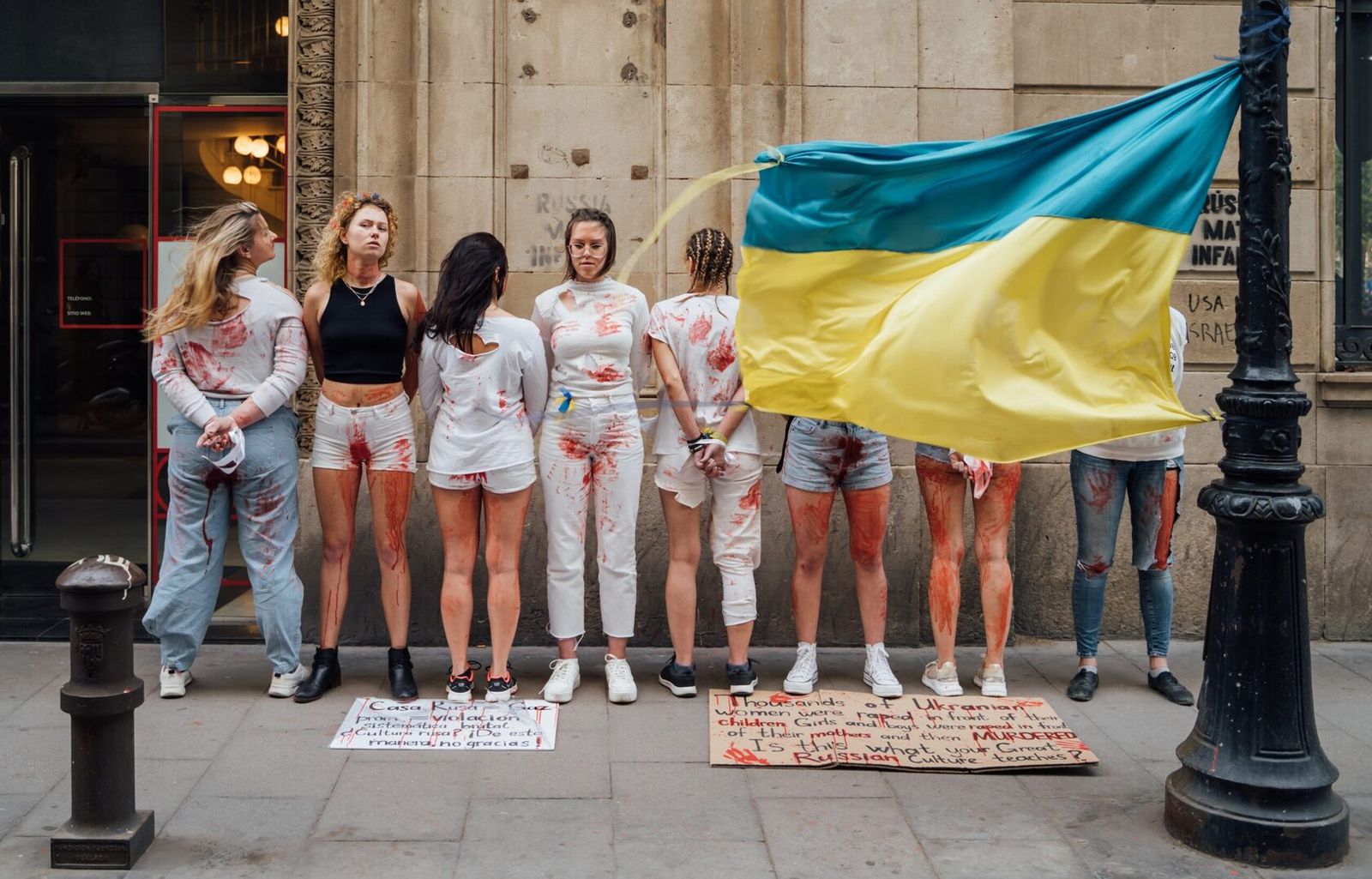 28.04.2022- Barcelona, Spain. Casa de Rusia. Protest demonstration by Ukrainian activists against raping during war against Ukraine. (с) Flydragonfly