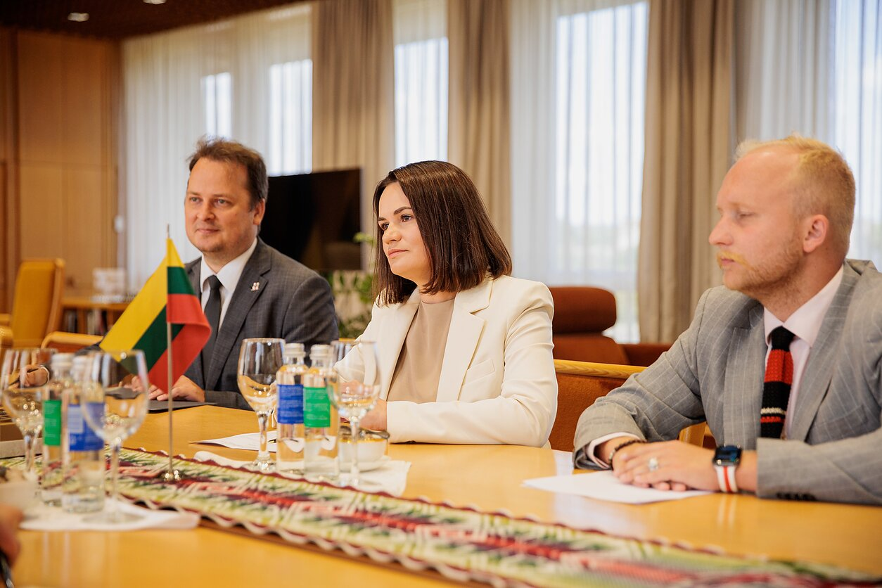 Sviatlana Tsikhanouskaya and her team at the Lithuanian Parliament. 