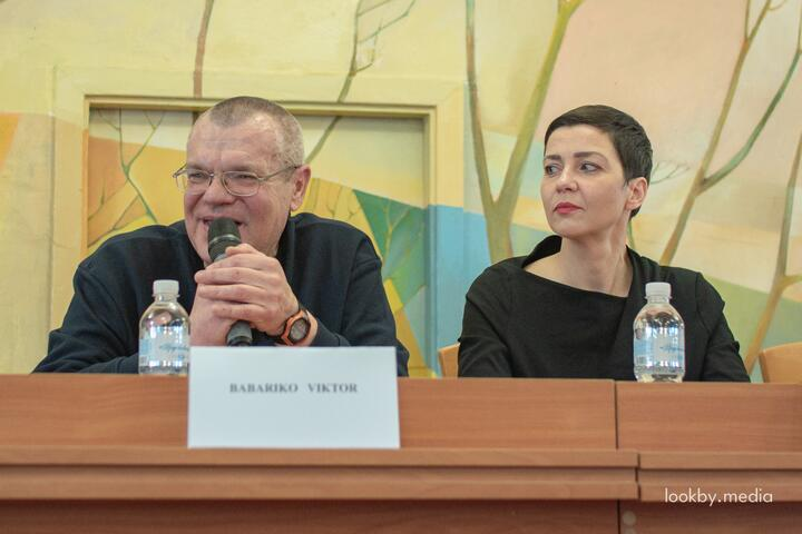 Viktar Babarika and Mariya Kalesnikava at their first press conference after the release in Chernihiv, Ukraine, December 14, 2025. 
