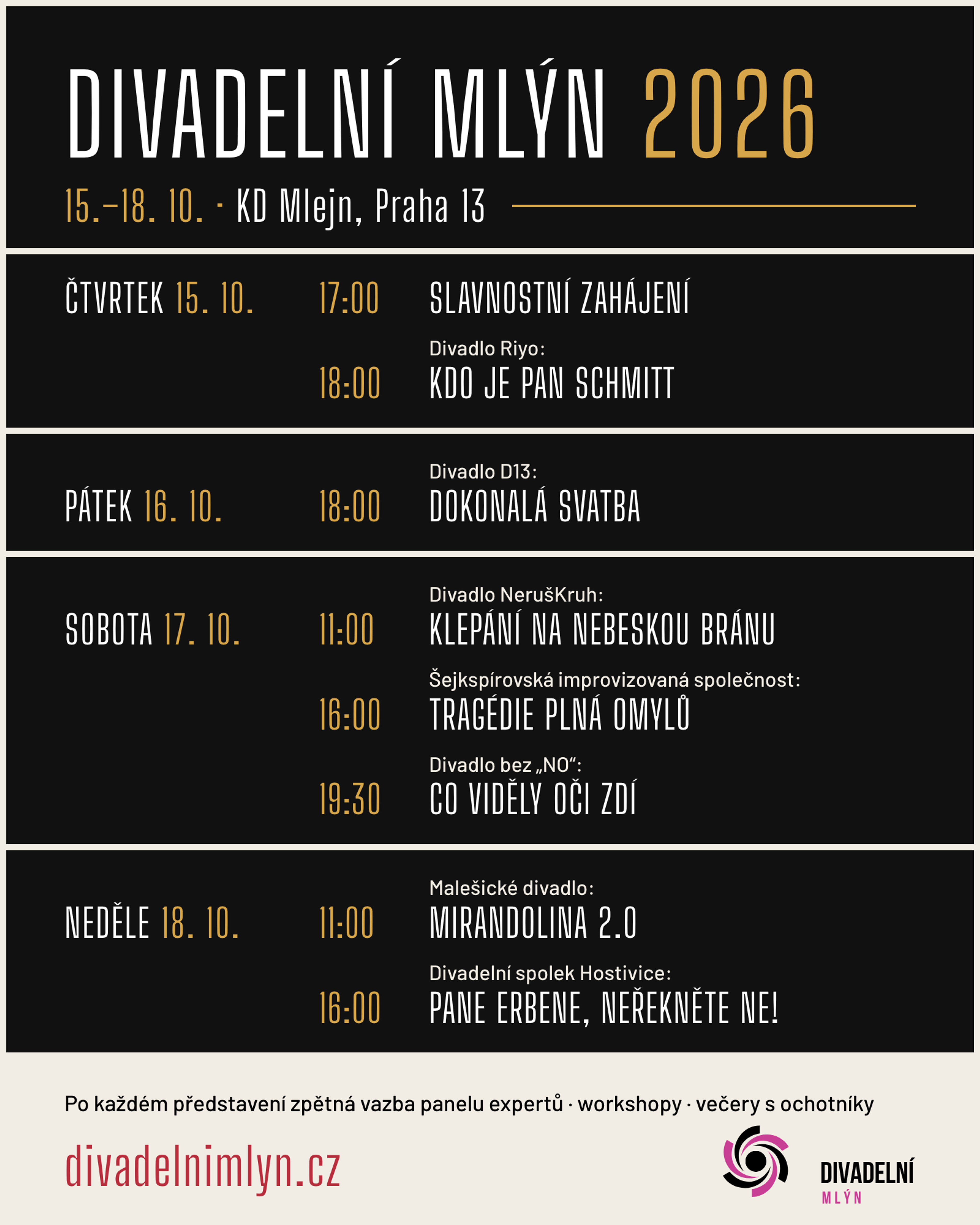 Program festivalu Divadelní mlýn 2026 po dnech: sedm představení od čtvrtka 15. do neděle 18. října, podrobně rozepsaný pod obrázkem.