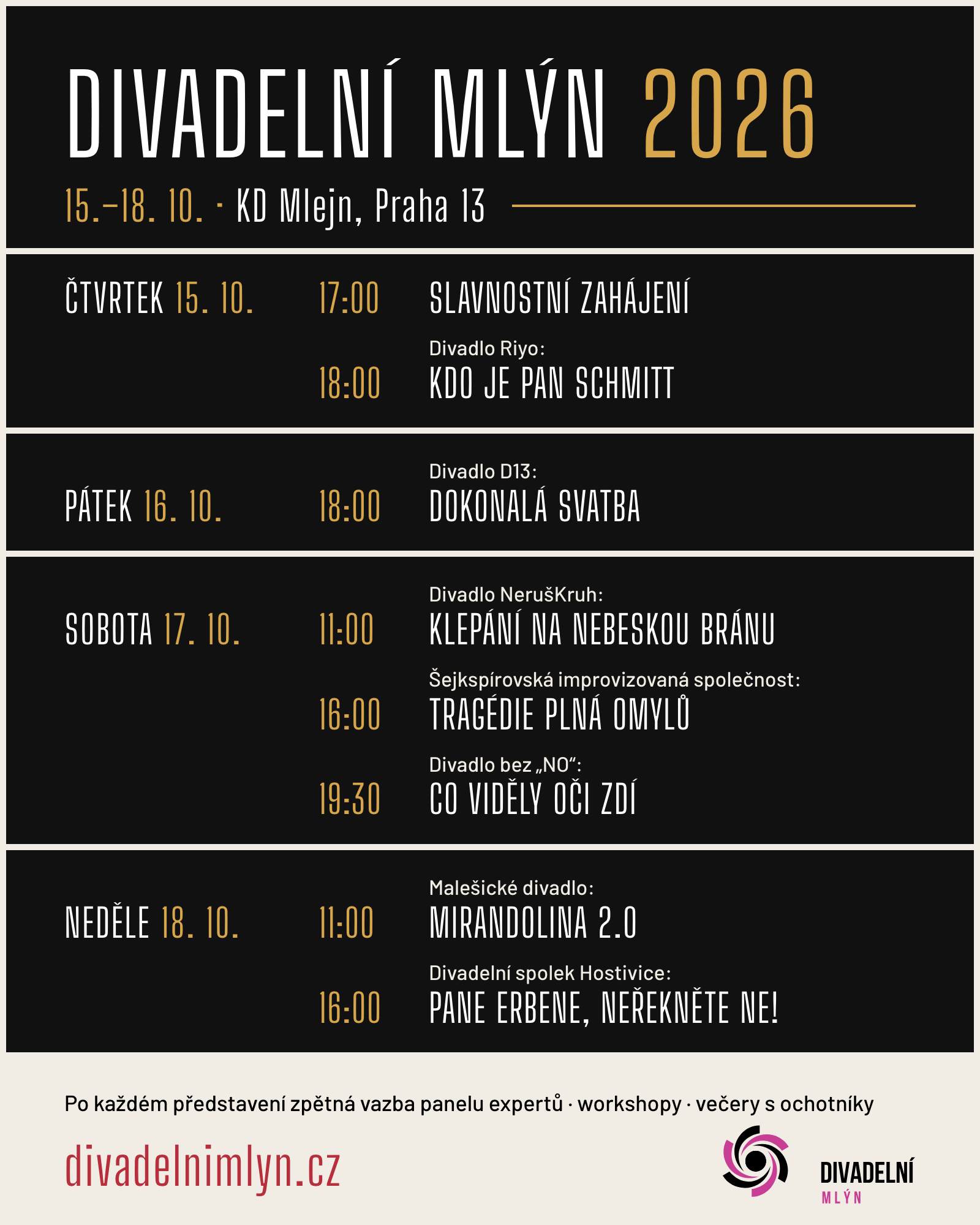 Program festivalu Divadelní mlýn 2026 po dnech: sedm představení od čtvrtka 15. do neděle 18. října, podrobně rozepsaný pod obrázkem.