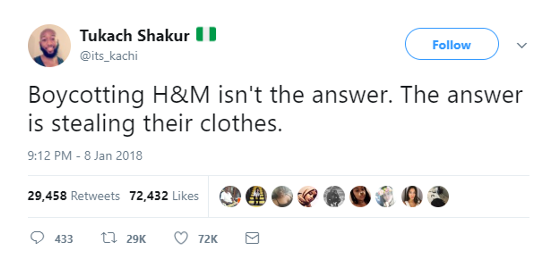 The screenshot of a tweet saying: "Boycotting H&M isn't the answer. The answer is stealing their clothes."