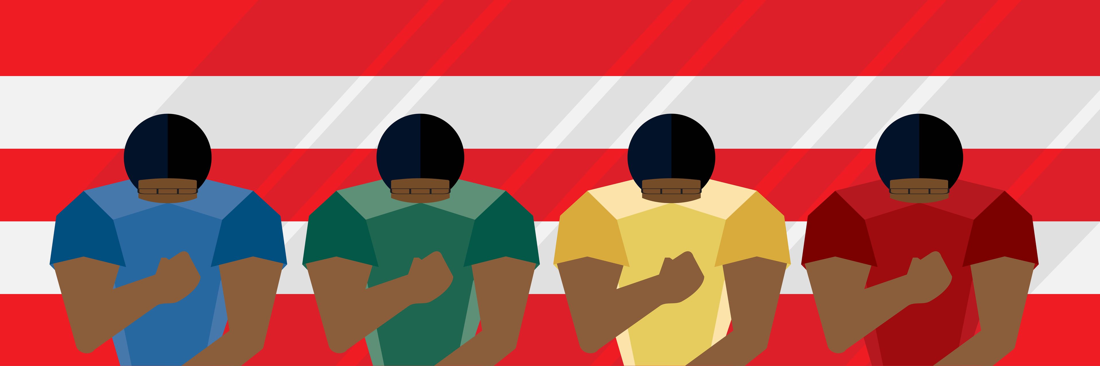 An illustration of four people in front of a flag, in a stance reminiscent of the popular 'taking the knee' protest from American Football games