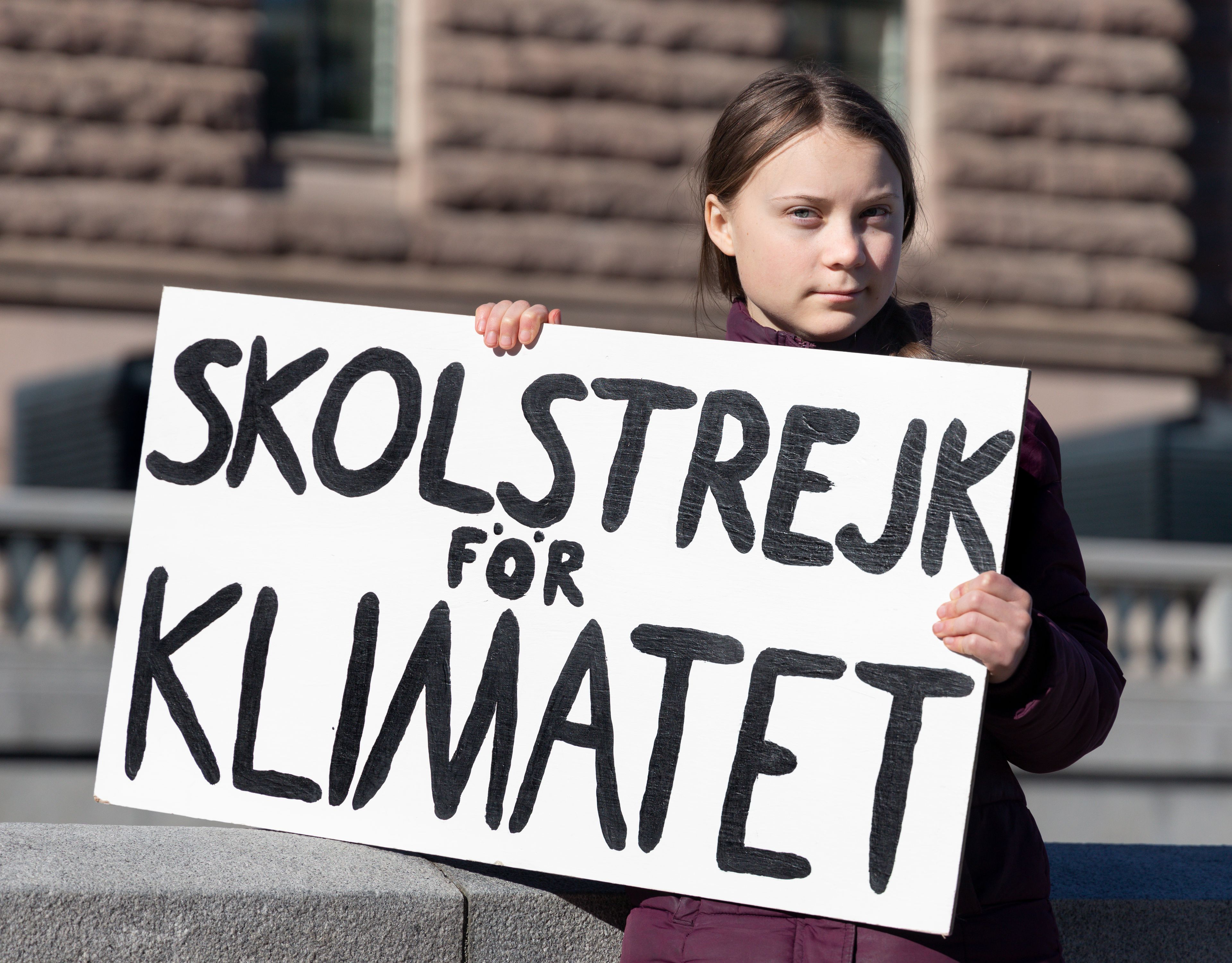 A photo of the climate protestor 'Greta Thunberg' holding a sign in Swedish saying: "Skolstrejk för Klimatet"