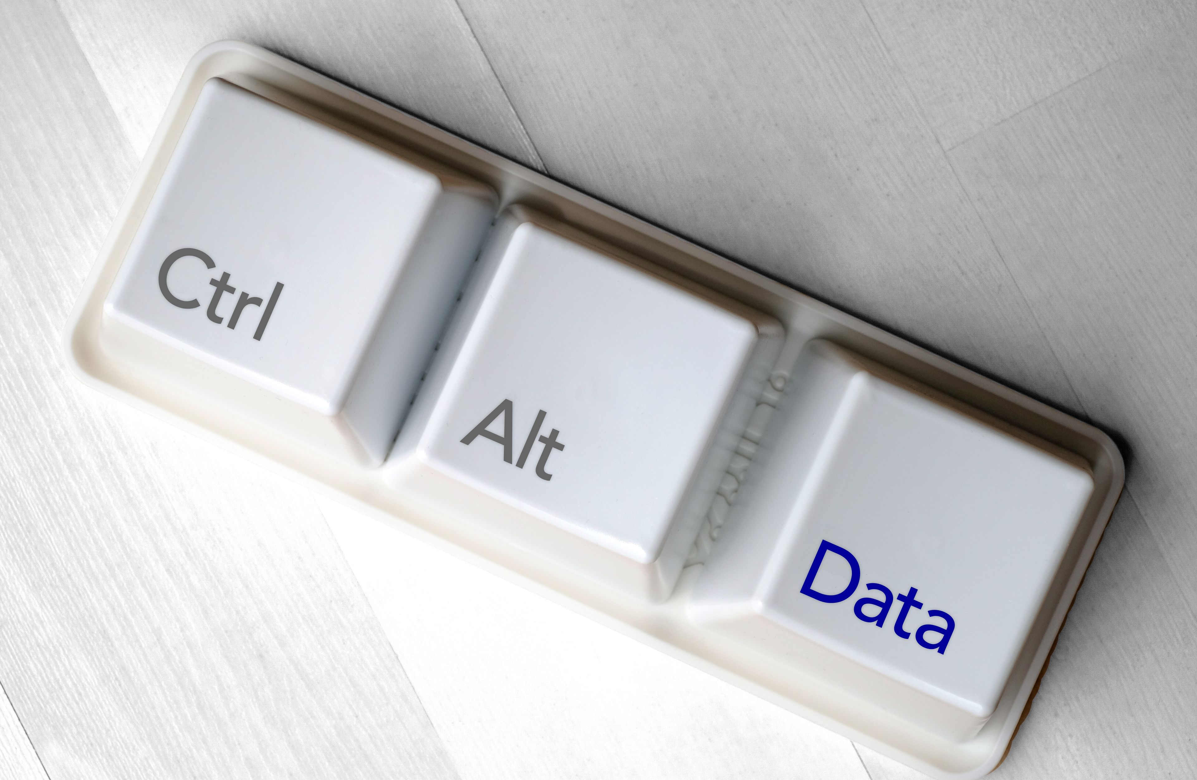 A photo of the 'Control' and 'Alt' keys from a keyboard, and a third key labelled 'Data'