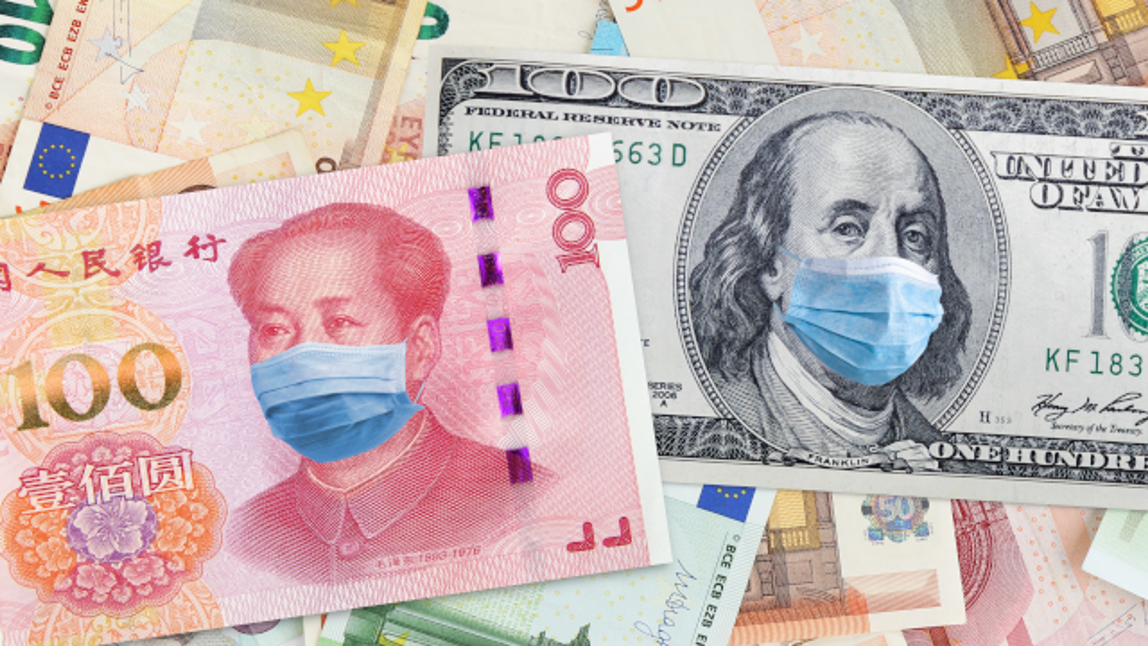 A collage of various paper currencies where the portraits on the money are wearing medical masks