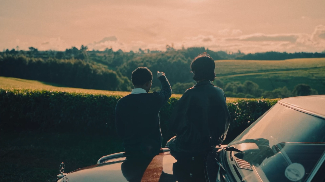 Two figures overlooking the tea estate at golden hour
