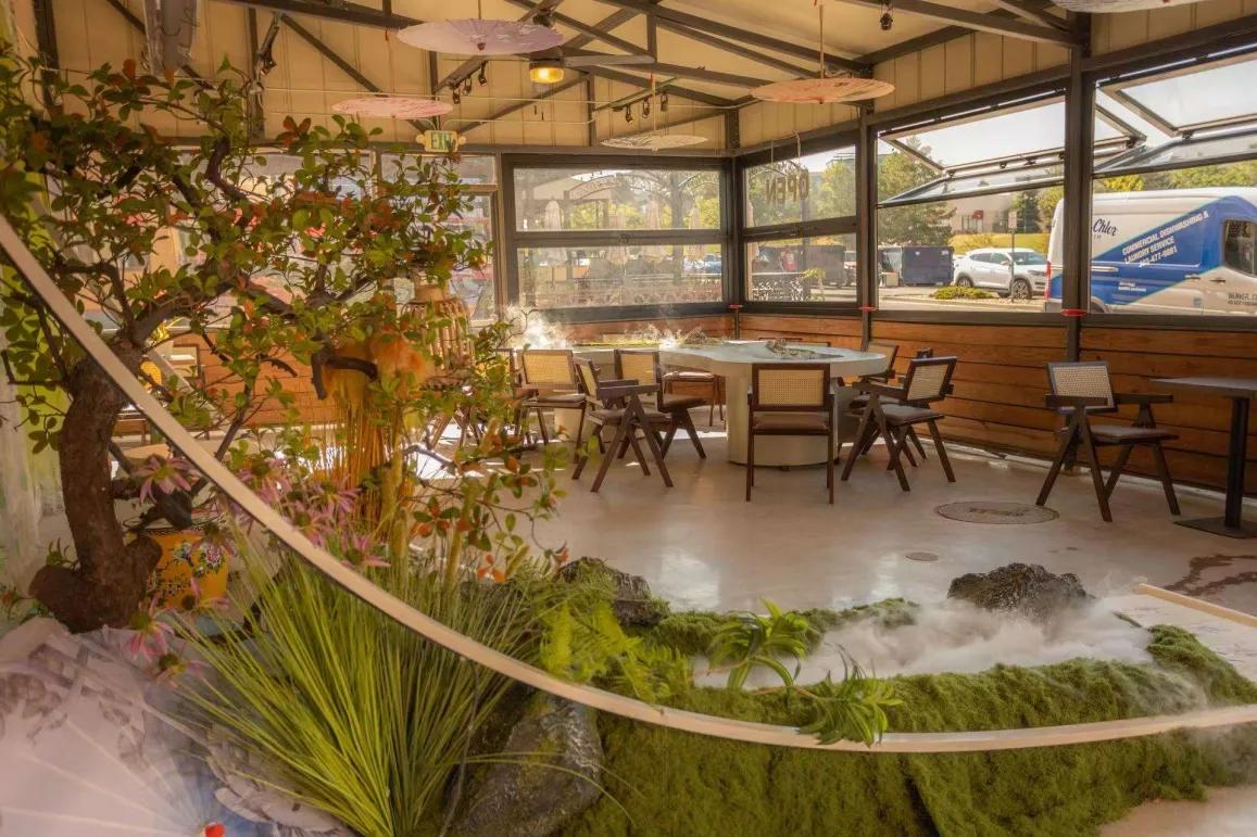 The quiet, misting fountain creates a serene atmosphere for afternoon tea