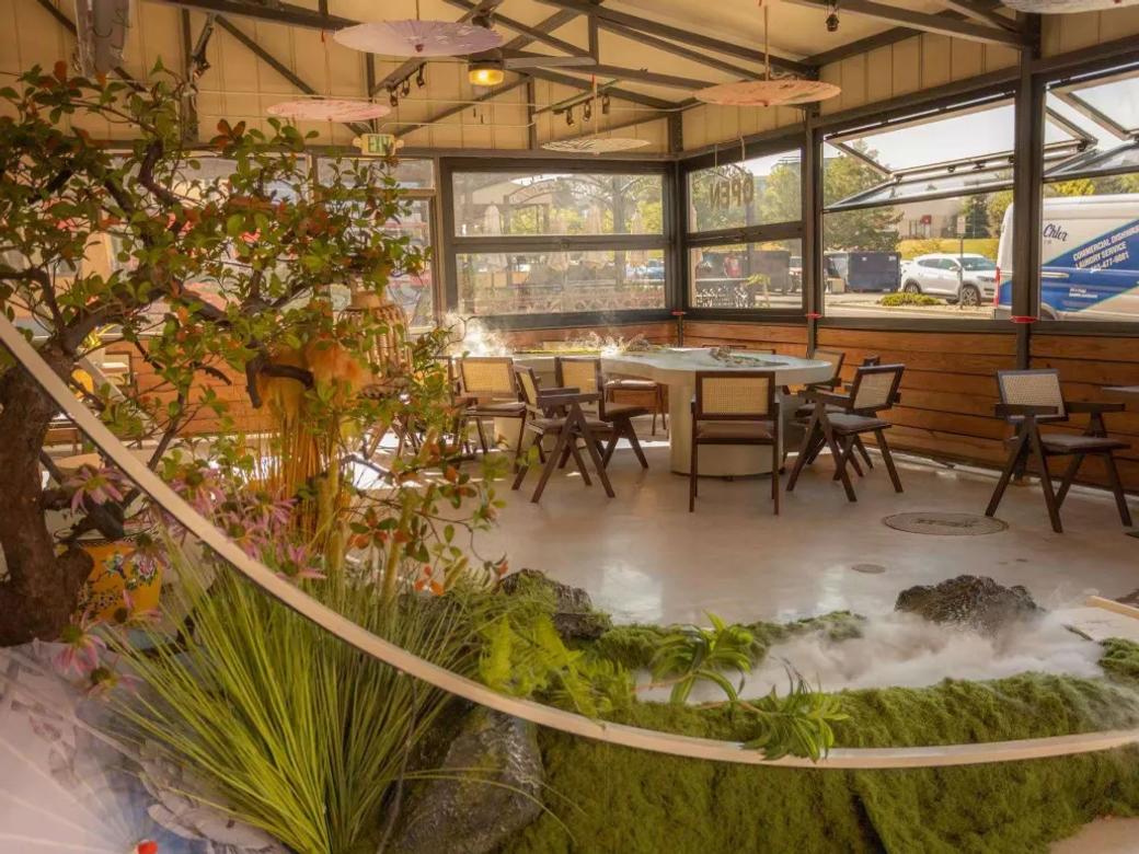 The quiet, misting fountain creates a serene atmosphere for afternoon tea