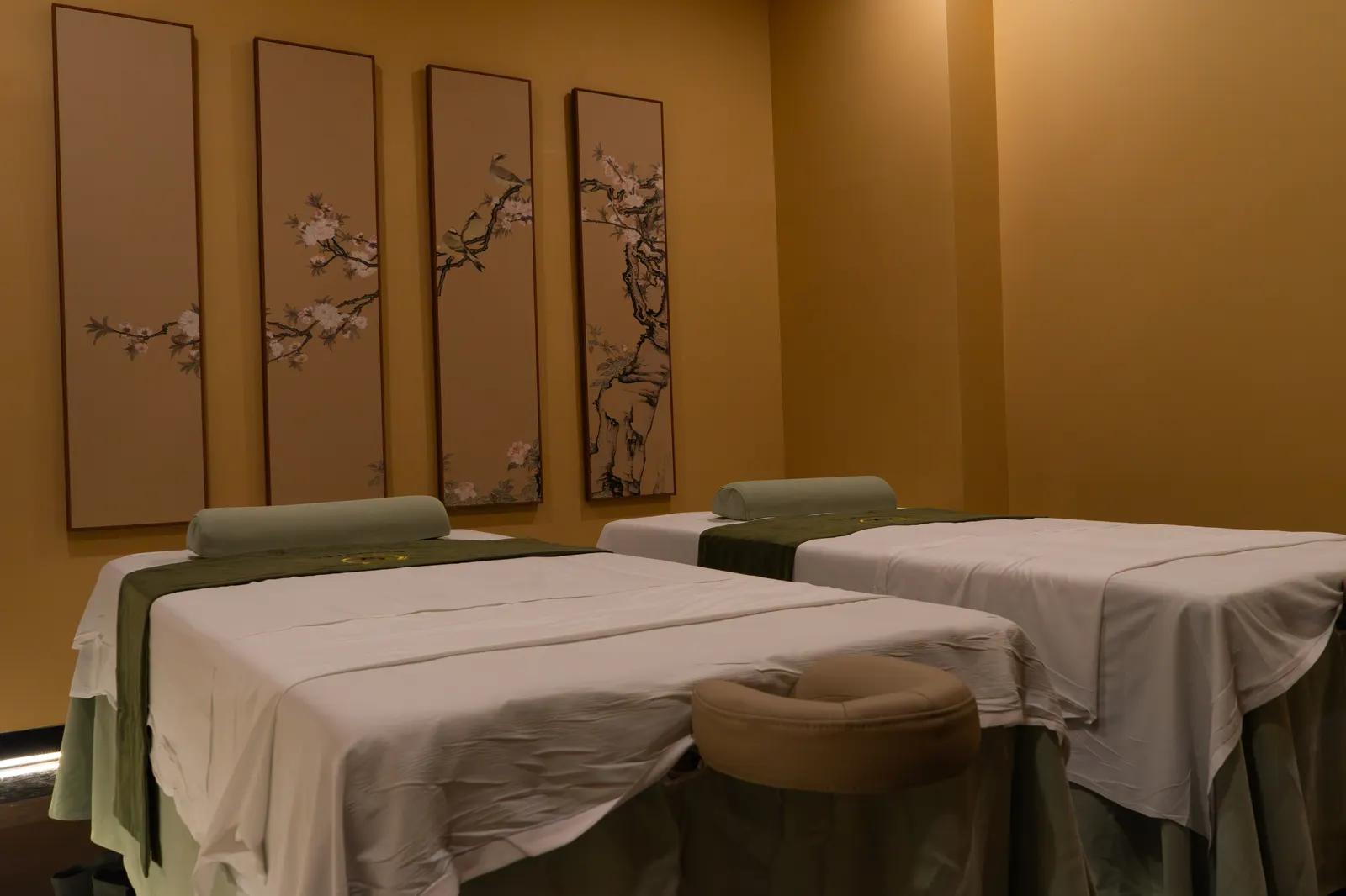 A treatment room, birds and blossoms on silk