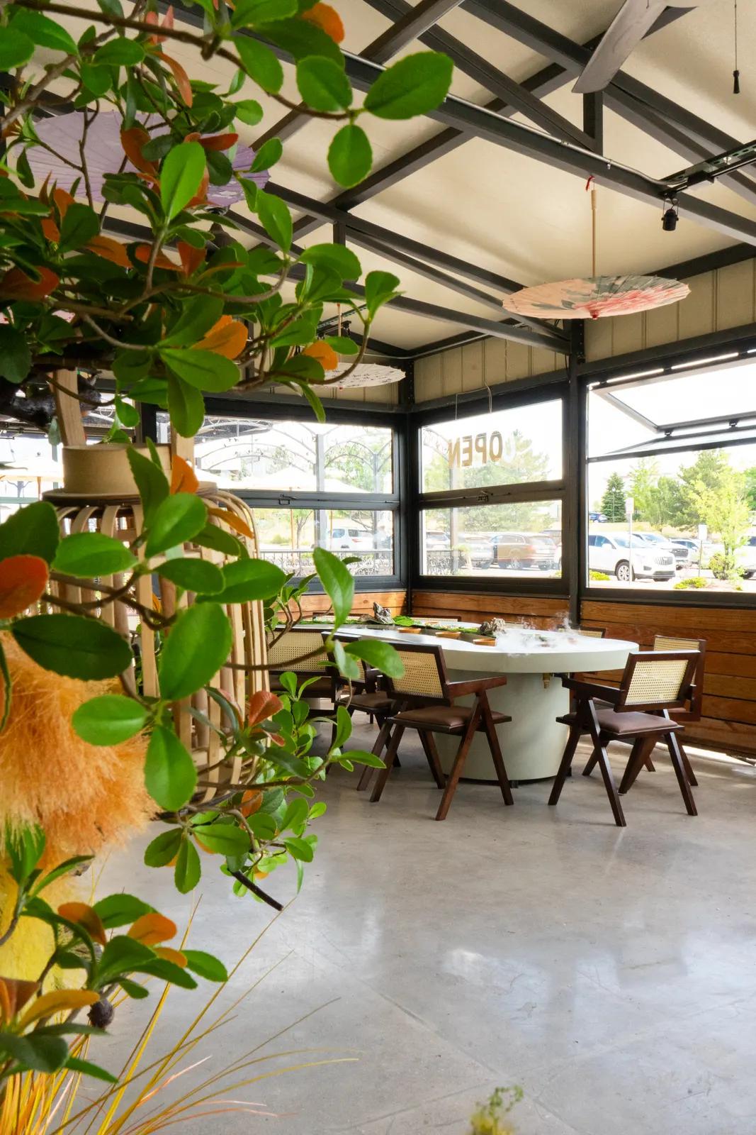 A corner table, through the leaves
