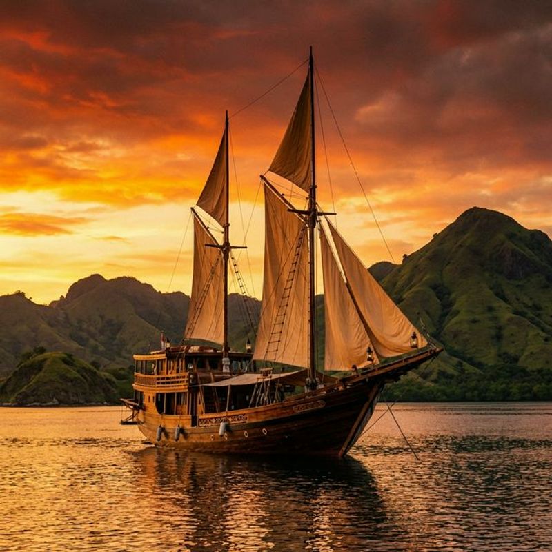 Traditional Phinisi liveaboard boat at sunset in Komodo National Park