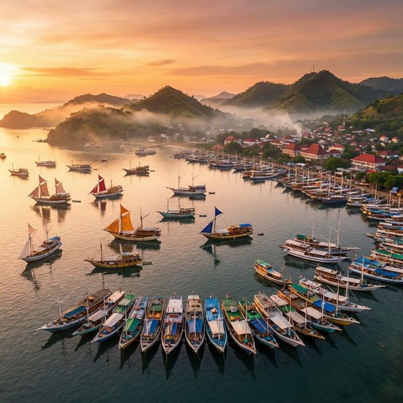 Panoramic aerial view of Labuan Bajo harbour at dawn with colourful boats and misty hills