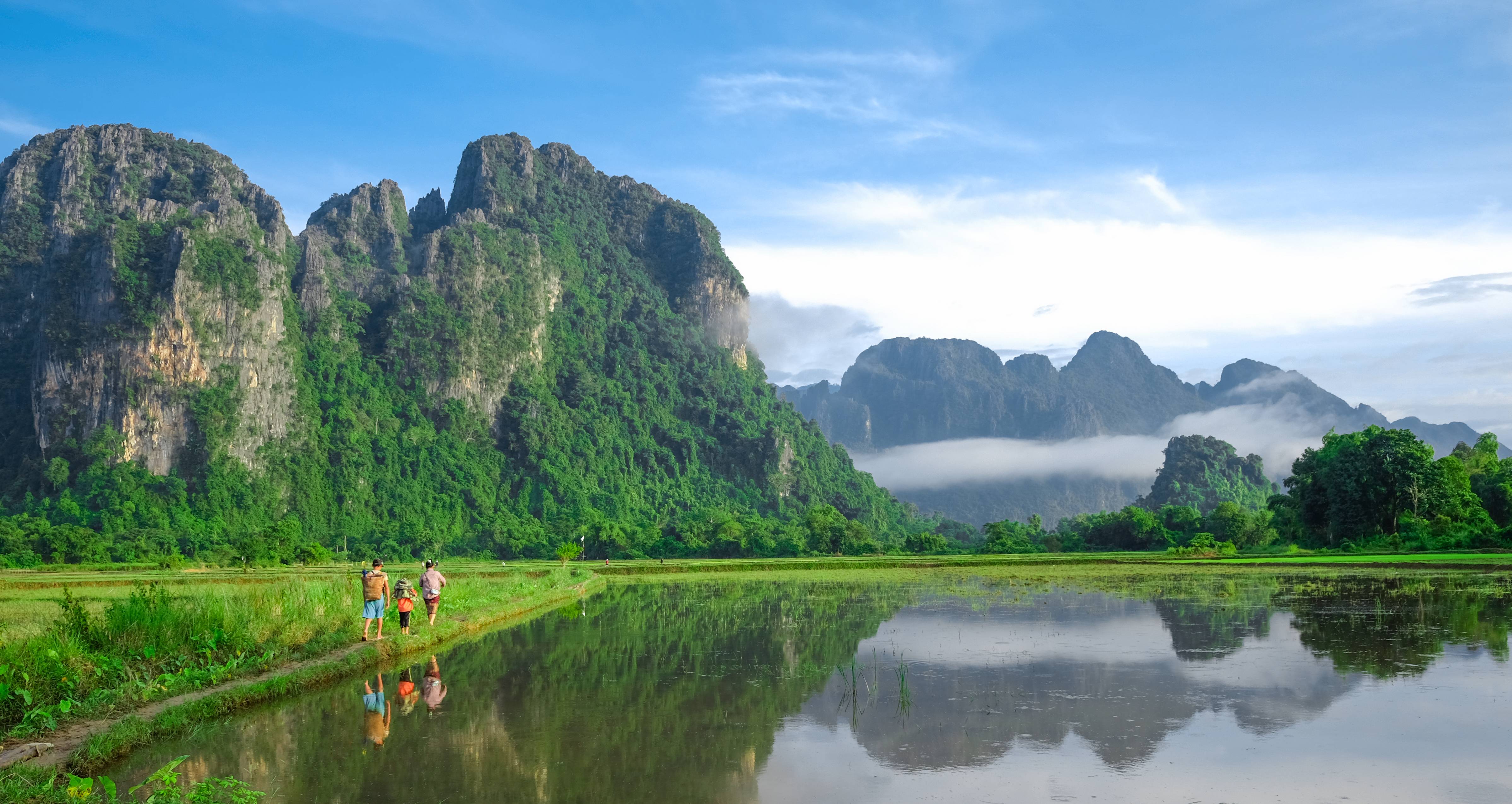 persone camminano in una risaia nel laos