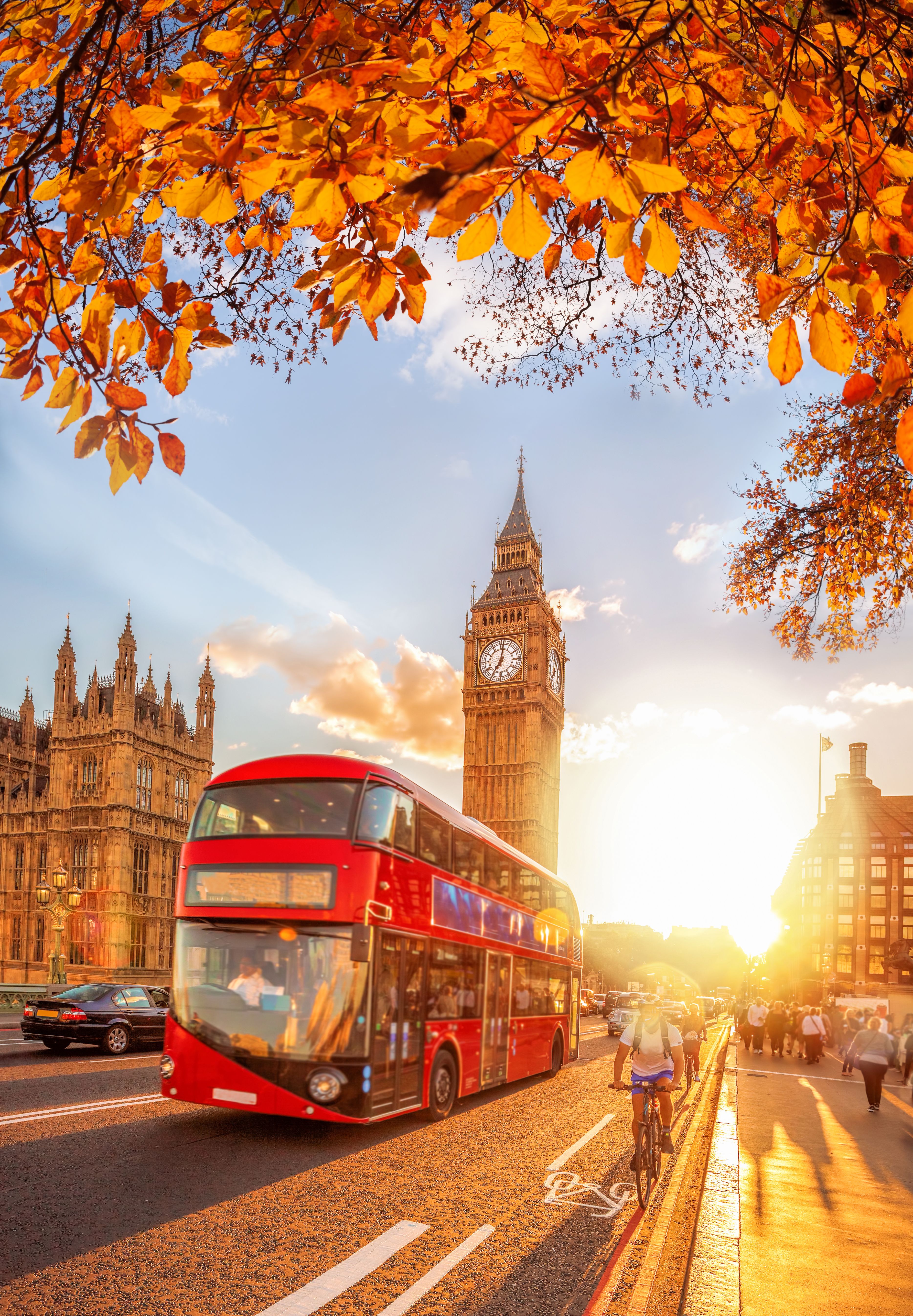 big ben e bus rosso londra tramonto