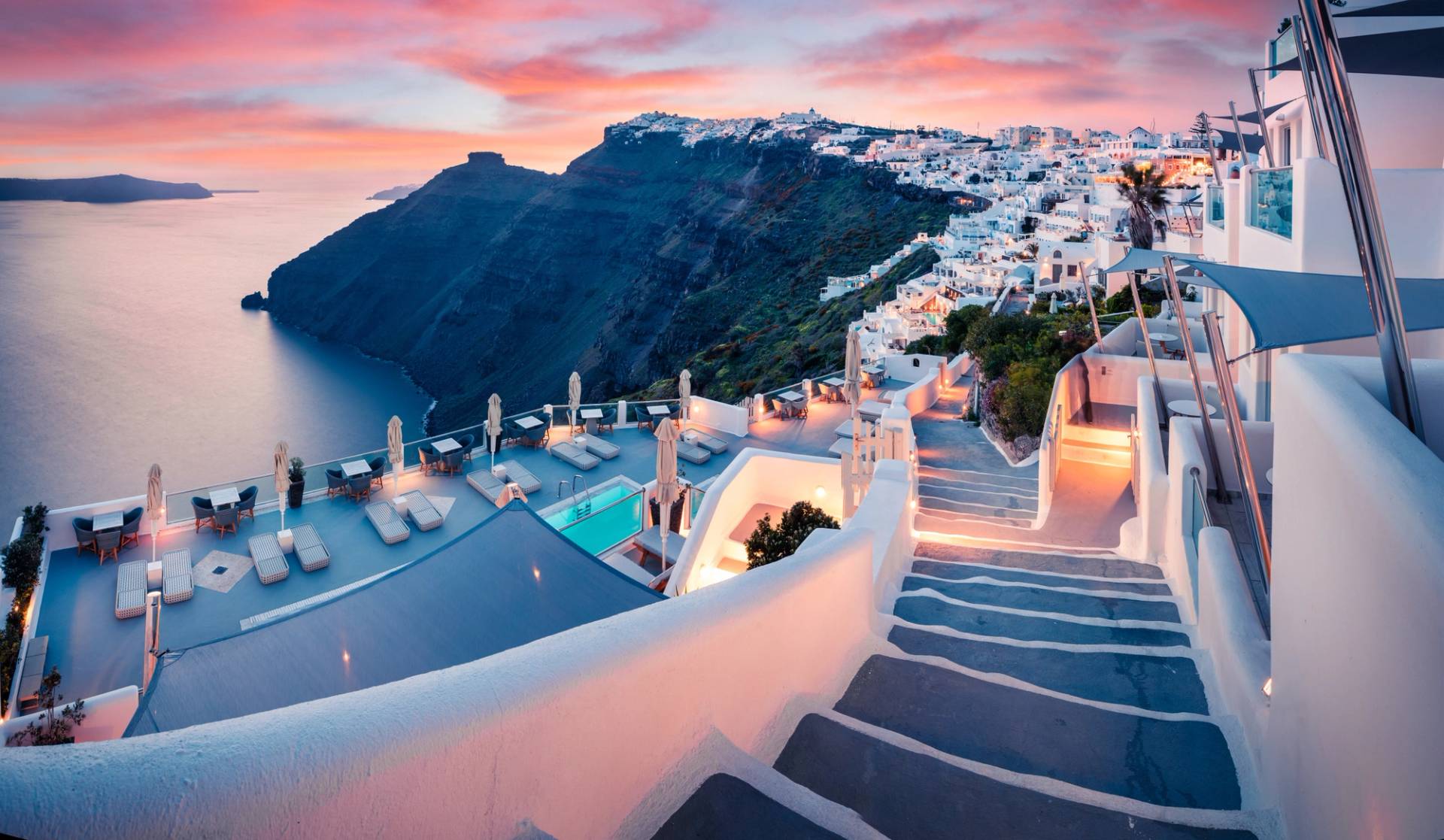 staircase with sunset in Santorini