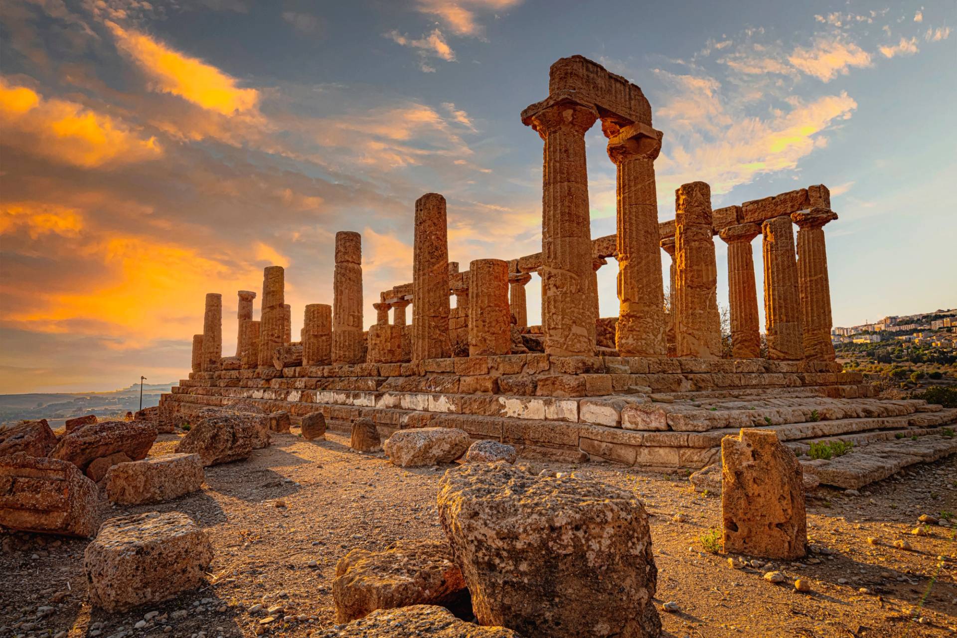 temple in agrigento with sunset