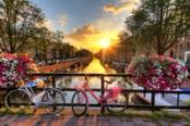 canale al tramonto con fiori
