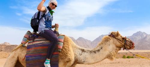 donna su cammello nel deserto in egitto